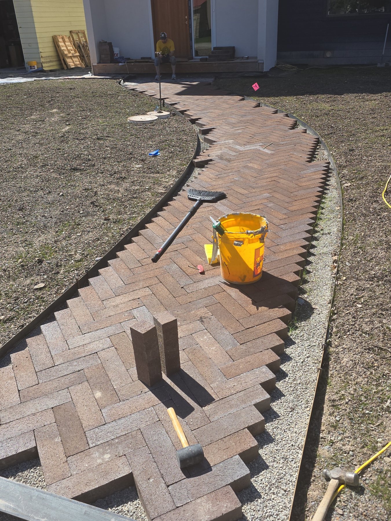 Paver walkway installation in progress